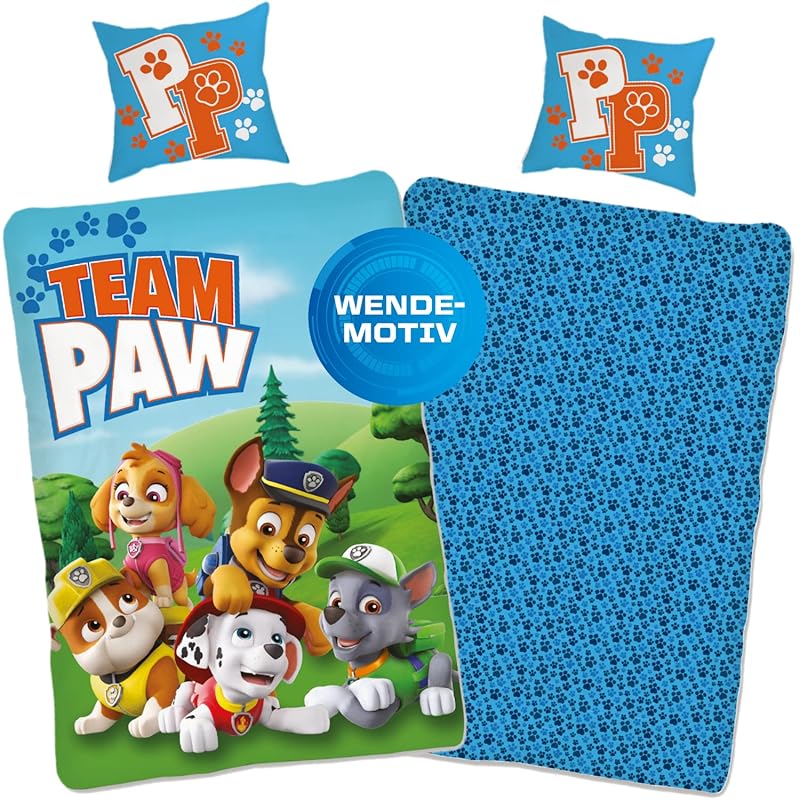 Paw Patrol Bettwäsche 135x200 cm 80x80 Kissen-Bezug [Wendemotiv] Kinder-bettwäsche Jungen Baumwolle Öko-Tex Standard 100 Deutsche Größe