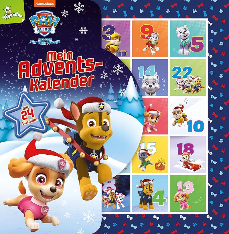 PAW Patrol - Adventskalender: 24 Büchlein aus stabiler Pappe mit Aufhängern in wiederverschließbarer Box.