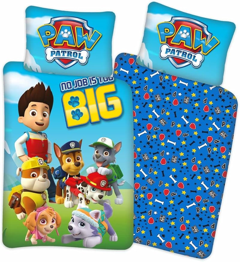 BrandMac Paw Patrol Bettwäsche 135x200 80x80 – Kinderbettwäsche zum Wenden von Paw Patrol mit Kopfkissen- und Bettdeckenbezug aus 100% Baumwolle