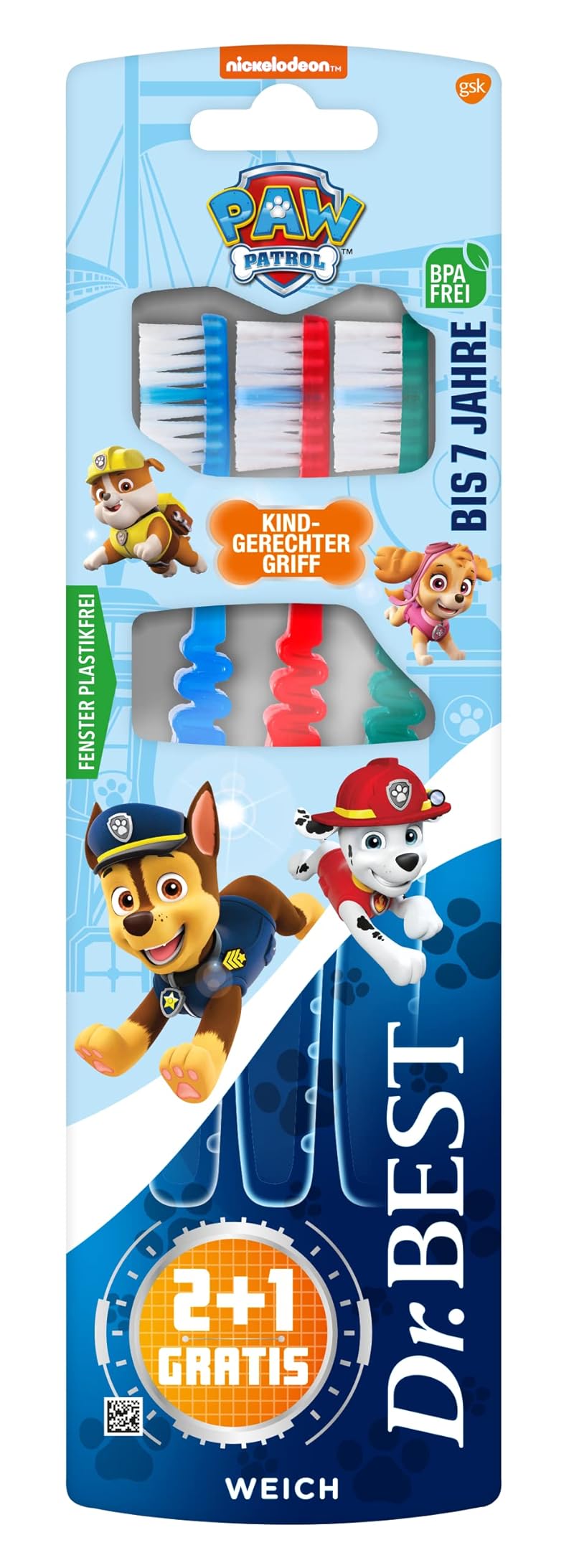 Dr.BEST Paw Patrol Zahnbürste, Weich (2 Stück + 1 Stück Gratis), weiche Borsten und kindgerechter Griff