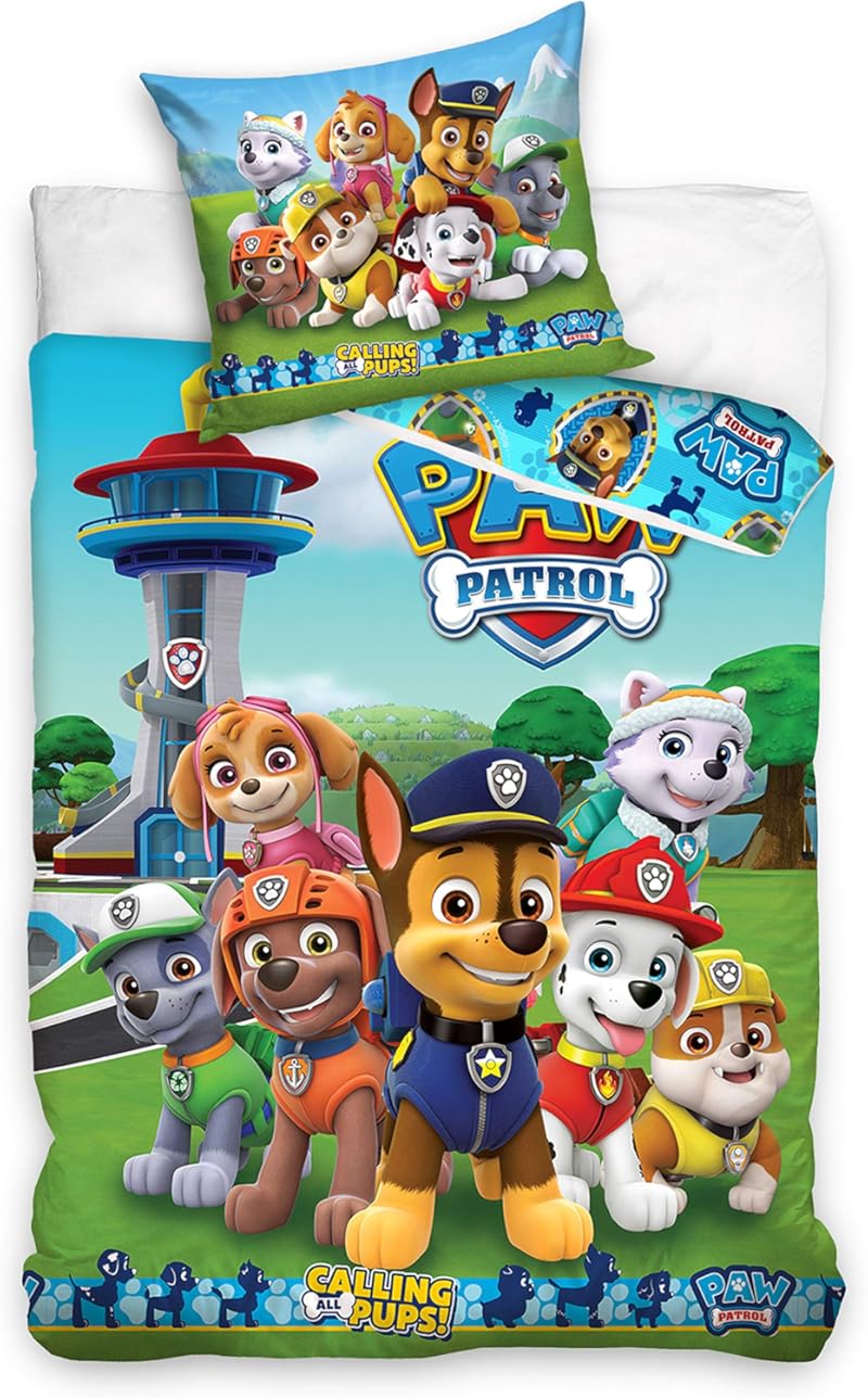 Paw Patrol Bettwäsche Bettbezug 135x200 80x80 Baumwolle · Kinderbettwäsche für Mädchen und Jungen · 2 teilig · 1 Kissenbezug 80x80 + 1 Bettbezug 135x200 cm